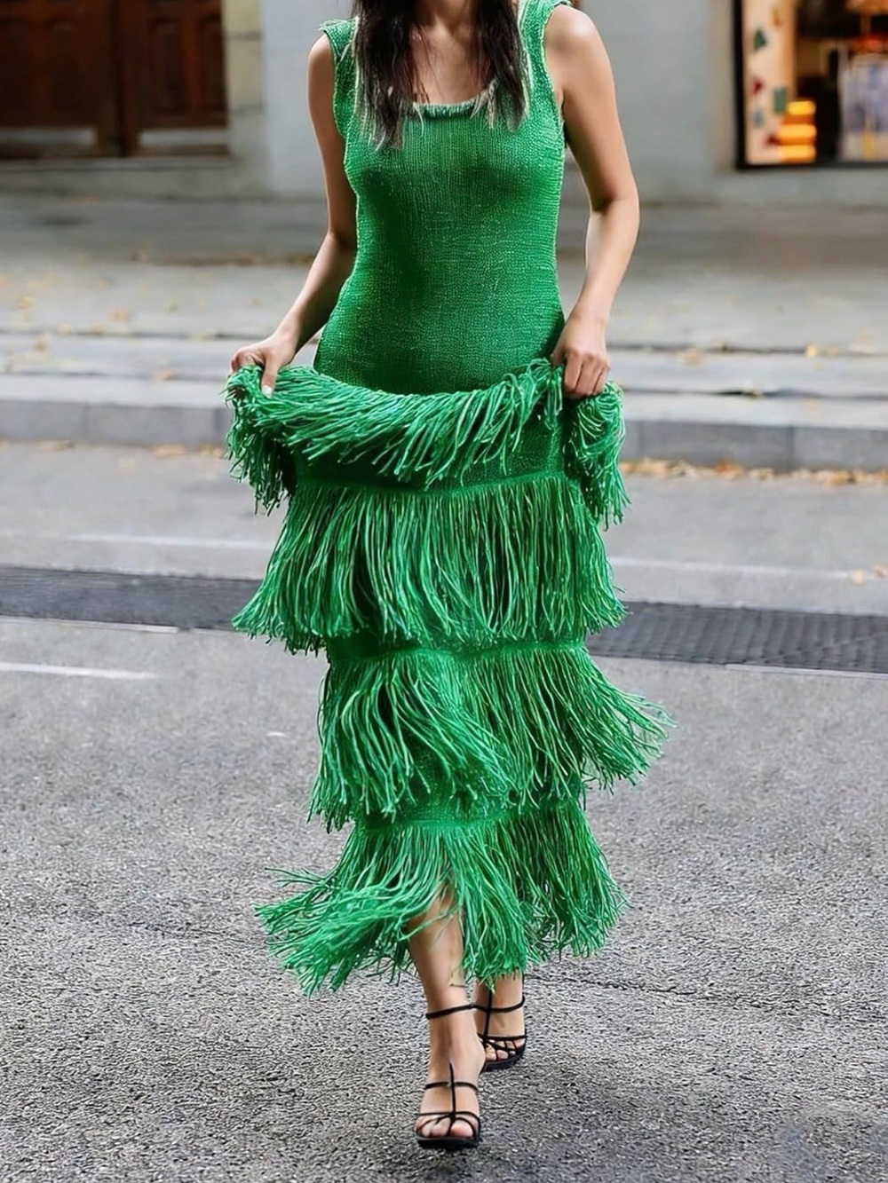 Source Unknown Bright Green Fringe Knit Midi Dress